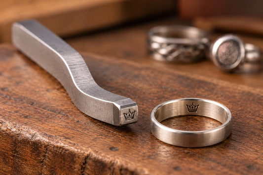 Custom maker's mark stamped inside a metal ring