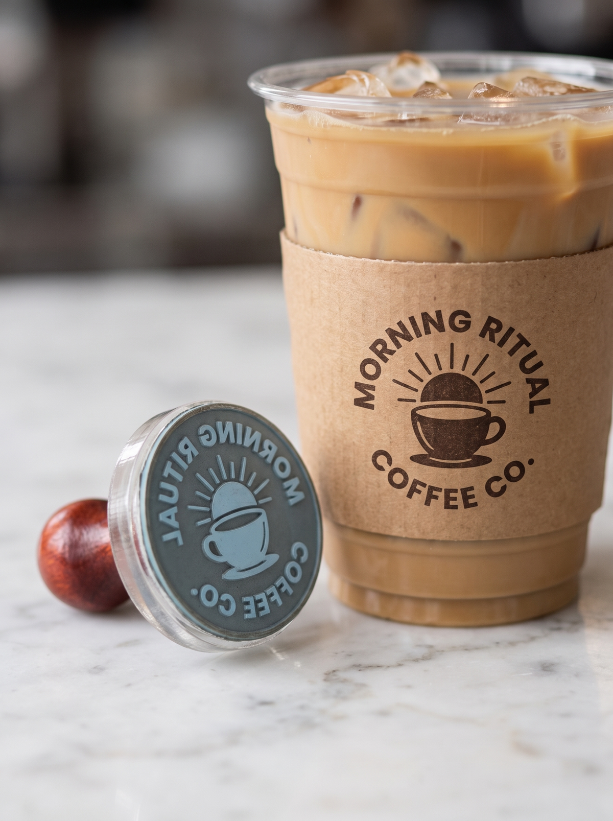Personalized coffee shop stamp next to branded iced coffee cup