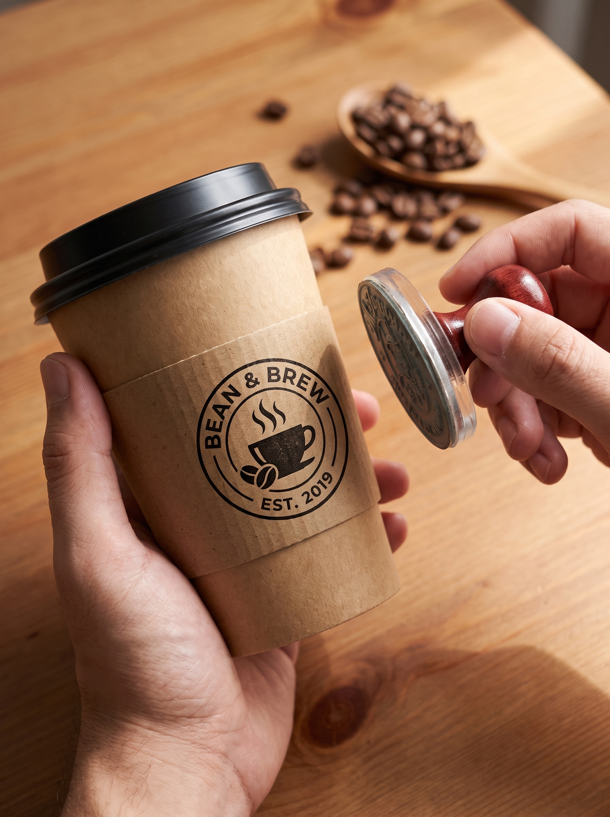 Custom cafe logo stamp with printed kraft coffee cup sleeves