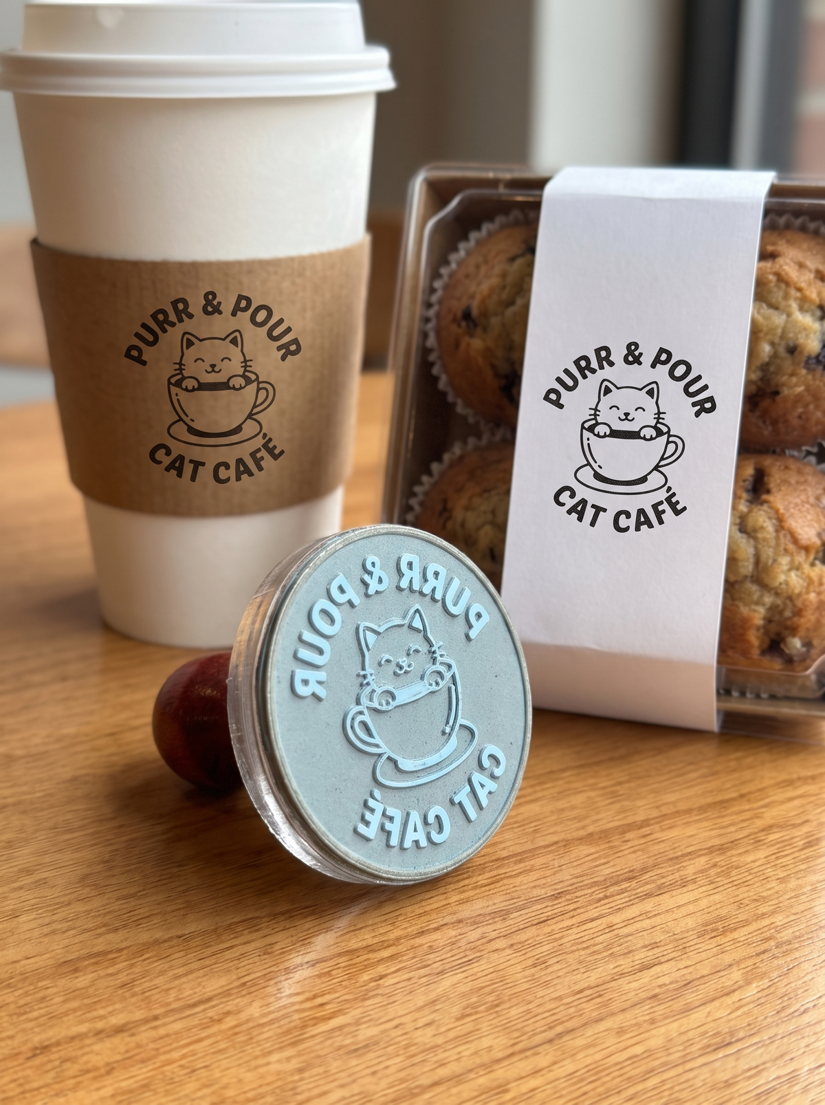 Reusable logo stamp for coffee cups and takeaway packaging