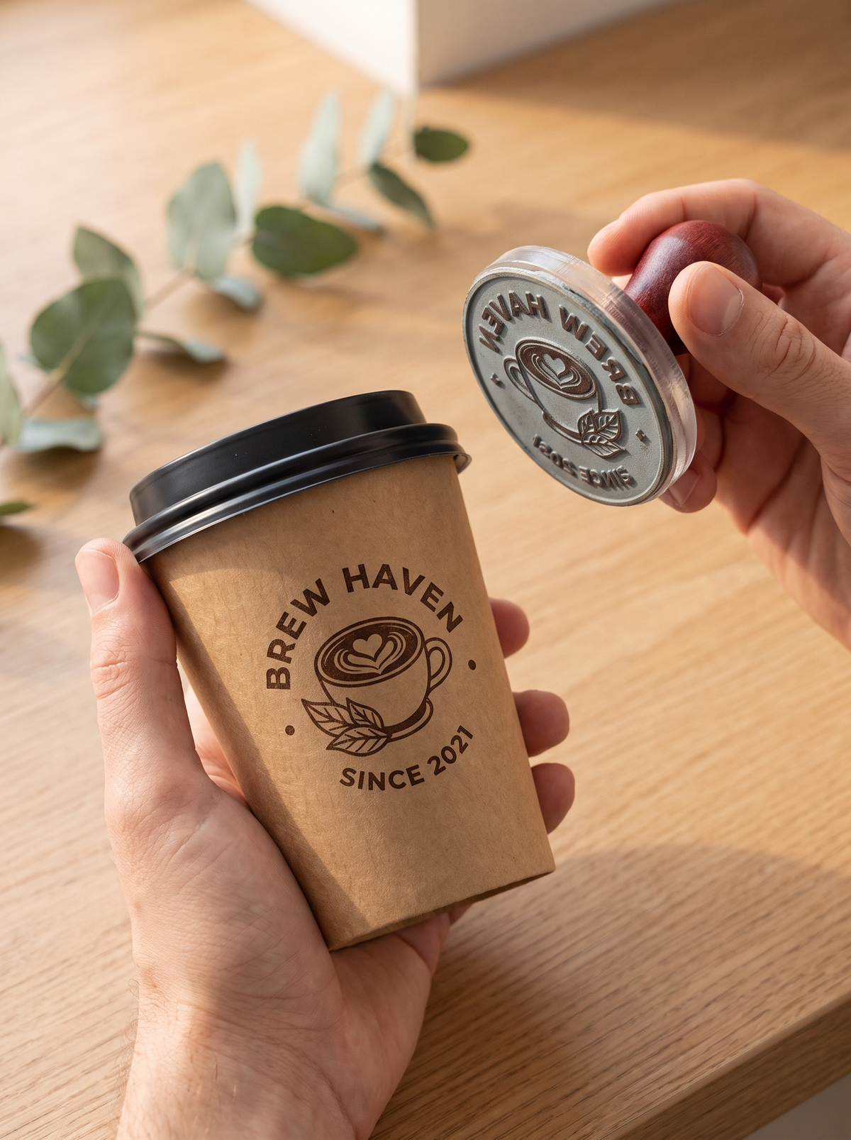 Custom rubber stamp for coffee shop branding and takeaway packaging