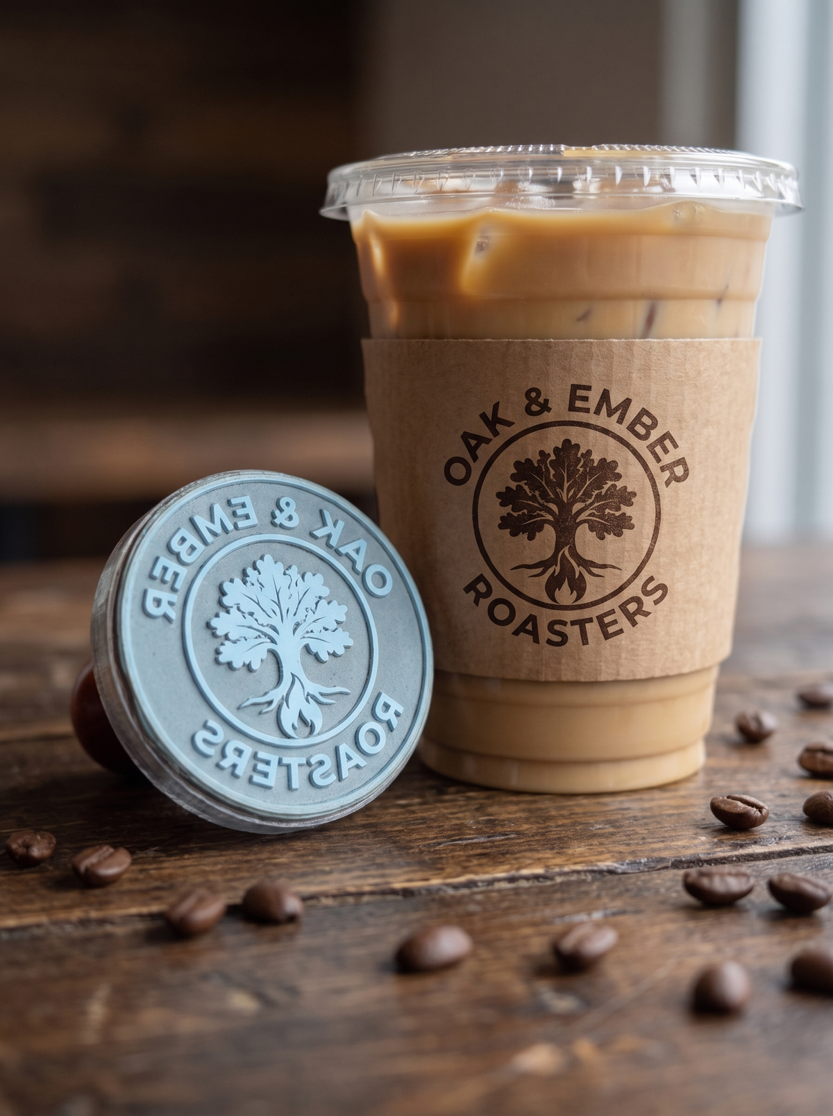 Branded coffee cup sleeve with personalized cafe logo stamp