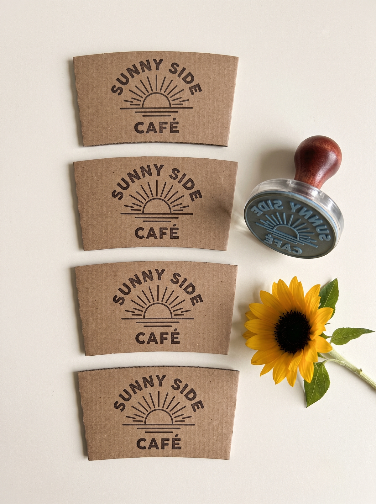 Personalized coffee cup stamp with custom business logo on kraft paper sleeve